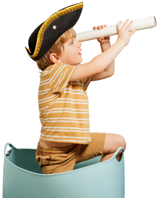 Child with a pirate hat looking through a spyglass, ready to discover