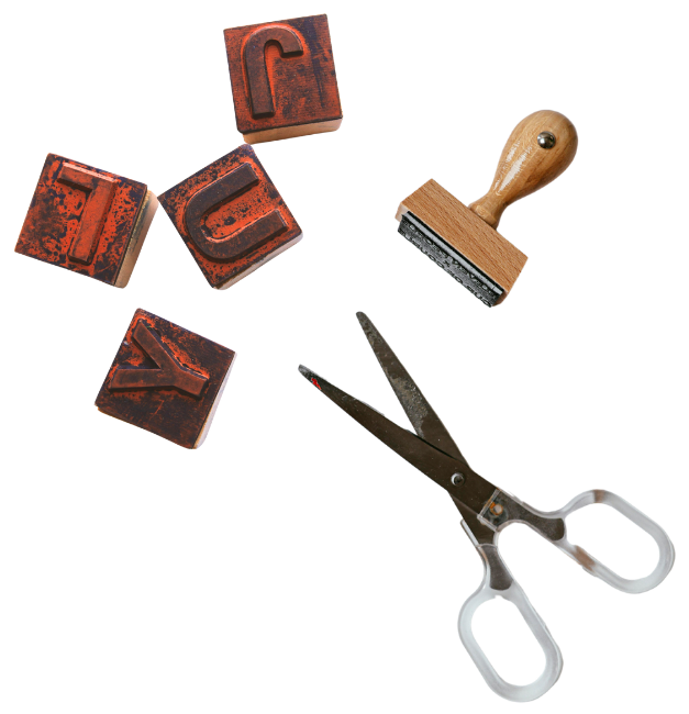 Rubber stamps and scissors for creative custom sessions